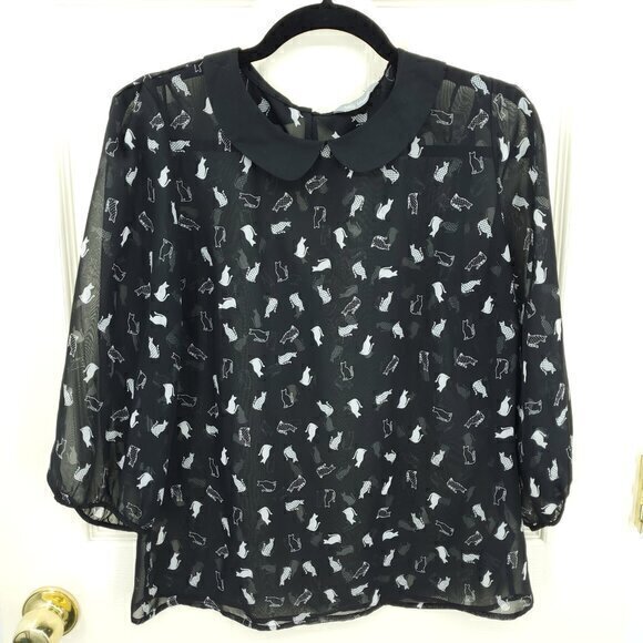 Marks & Spencer Sheer Cat-Print Peter Pan Collar Blouse Black US 8 Halloween - Picture 1 of 16